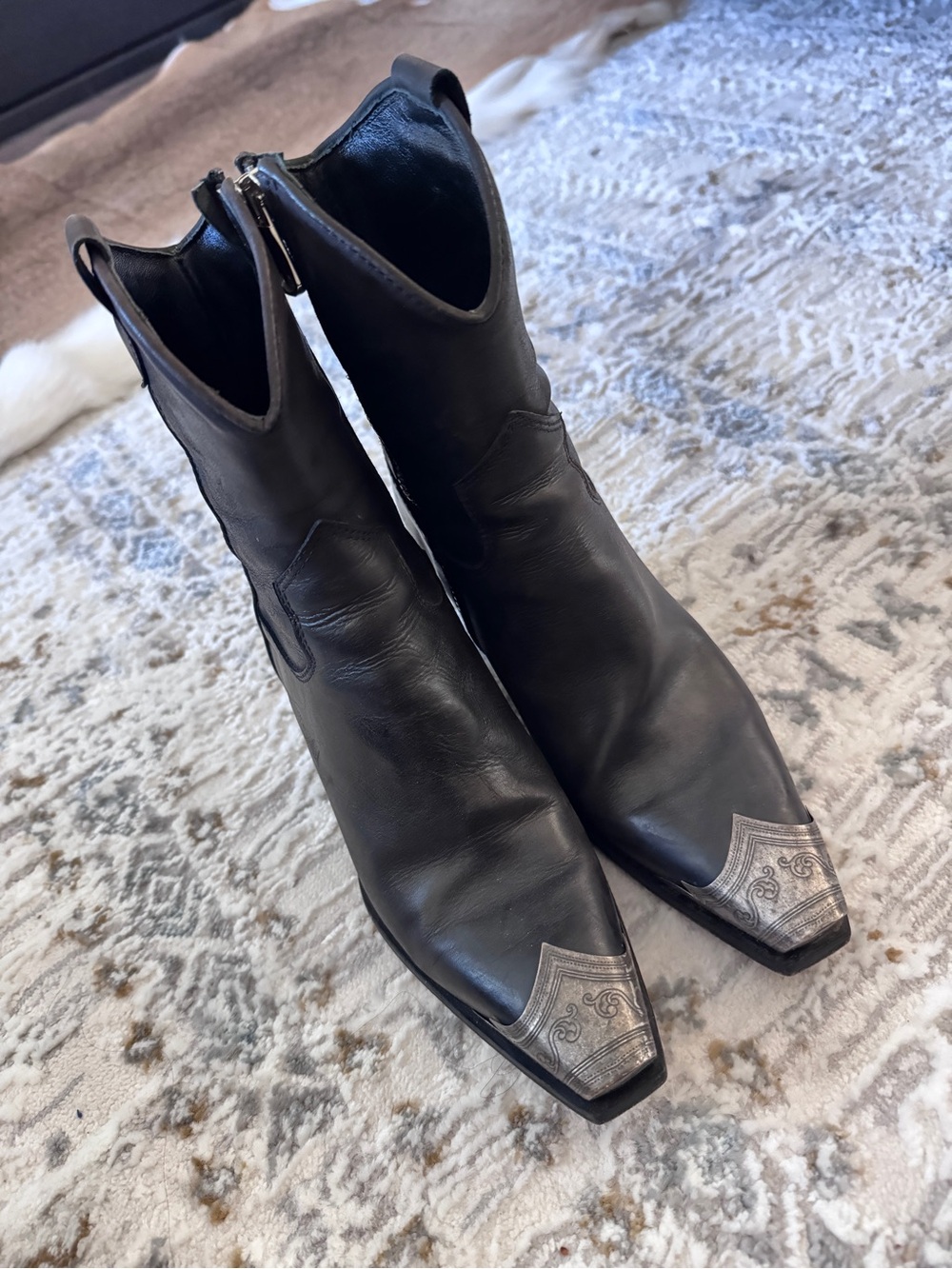 Free People Black Leather Western Ankle Boots with Silver Toe Caps